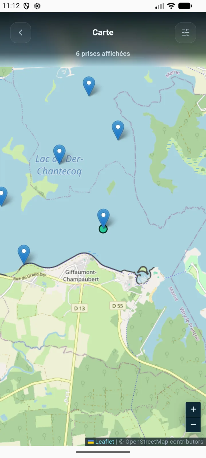 Carte avec plusieurs prises situées sur le Lac du Der