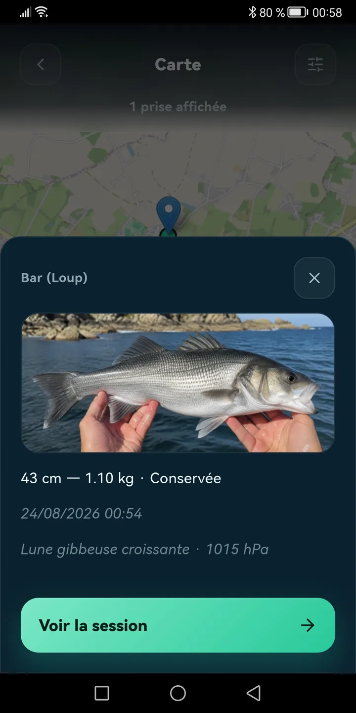 Carte des prises avec aperçu au clic sur un point