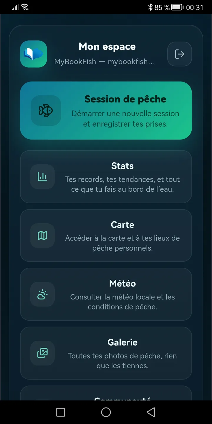 Écran d'accueil de MyBookFish, avec les raccourcis session, stats, carte, météo et galerie