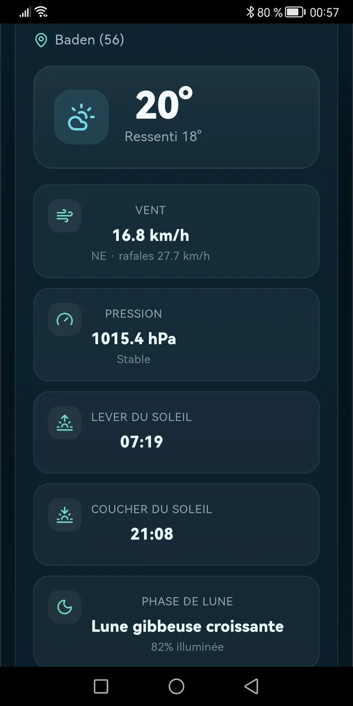 Écran météo complet : température, vent, pression, lever et coucher du soleil, phase de lune