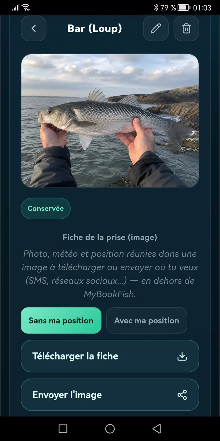 Détail d'une prise (Bar / Loup) avec sa fiche à télécharger ou partager