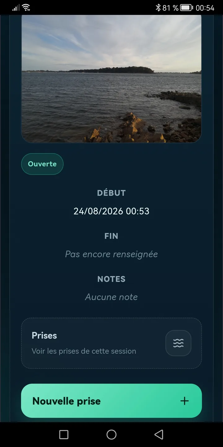 Détail d'une session de pêche ouverte, avec sa photo de couverture